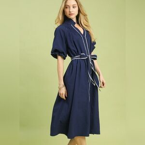 Umgee Women's Quite Luxury Ruffle Collar Belted Midi Dark Blue Dress Stripe Trim